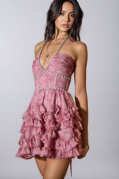 Charming Homecoming Dress V Neck Pearl Cascade Pleated Back to School Outfits Party Dress D7302