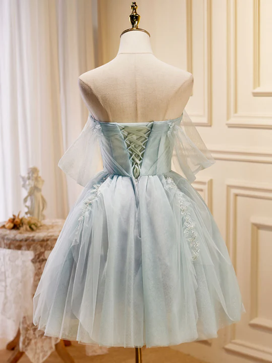 Vintage Light Blue Beaded Off-the-shoulder Design A-line Tulle Party Dress Homecoming Dress D1546