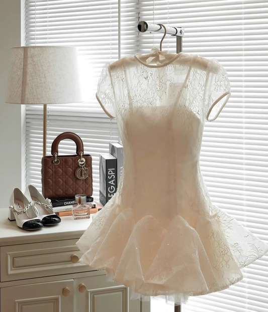 White Applique Design A-line Lace Short-sleeved  Party Dress Homecoming Dresses D1448