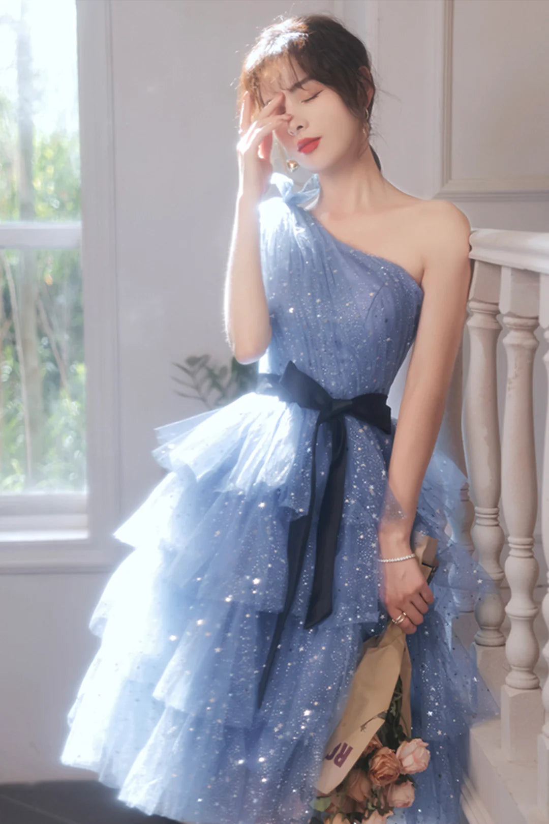 Shimmering Homecoming Dress One Shoulder Tulle Sequins Cascade Short Prom Dress Back to School Outfits Party Dress  D6101