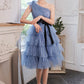 Shimmering Homecoming Dress One Shoulder Tulle Sequins Cascade Short Prom Dress Back to School Outfits Party Dress  D6101