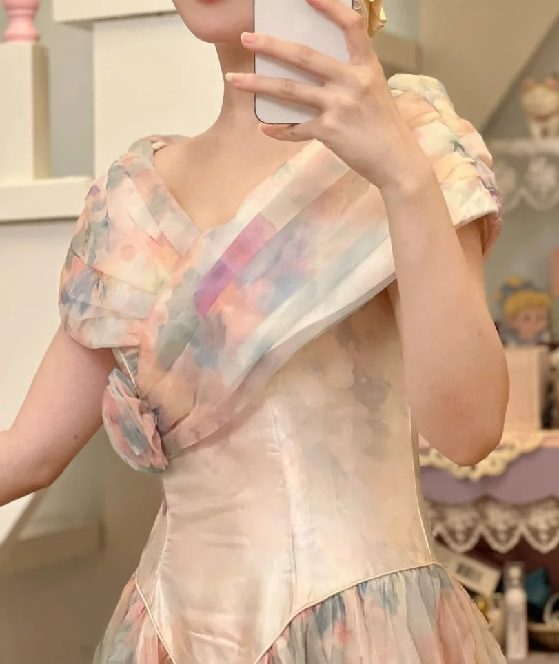 Colorful Prom Dress V-neck Pleated Evening Dress Long Cocktail Outfits Gala Gown      D5000
