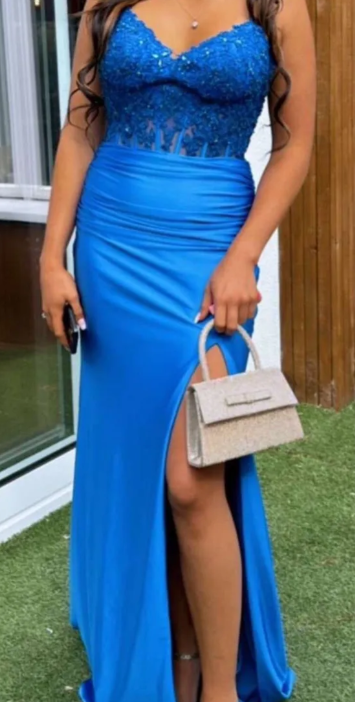 Fashion Prom Dress Blue Spaghetti Straps Slit Evening Dress Long Party Outfits Gala Gown     D5007