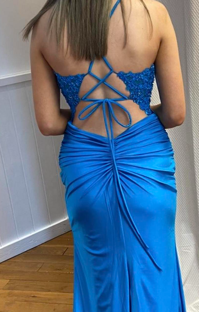 Fashion Prom Dress Blue Spaghetti Straps Slit Evening Dress Long Party Outfits Gala Gown     D5007