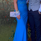 Fashion Prom Dress Blue Spaghetti Straps Slit Evening Dress Long Party Outfits Gala Gown     D5007