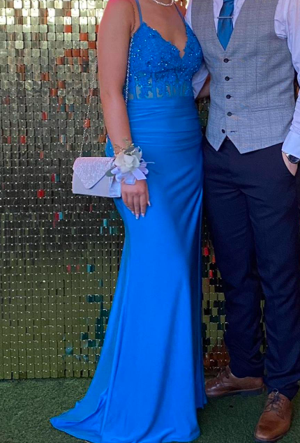 Fashion Prom Dress Blue Spaghetti Straps Slit Evening Dress Long Party Outfits Gala Gown     D5007