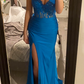 Fashion Prom Dress Blue Spaghetti Straps Slit Evening Dress Long Party Outfits Gala Gown     D5007