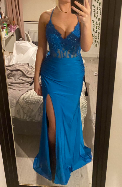 Fashion Prom Dress Blue Spaghetti Straps Slit Evening Dress Long Party Outfits Gala Gown     D5007