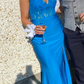 Fashion Prom Dress Blue Spaghetti Straps Slit Evening Dress Long Party Outfits Gala Gown     D5007