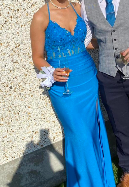 Fashion Prom Dress Blue Spaghetti Straps Slit Evening Dress Long Party Outfits Gala Gown     D5007