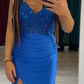 Fashion Prom Dress Blue Spaghetti Straps Slit Evening Dress Long Party Outfits Gala Gown     D5007