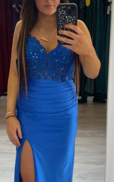Fashion Prom Dress Blue Spaghetti Straps Slit Evening Dress Long Party Outfits Gala Gown     D5007