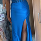 Fashion Prom Dress Blue Spaghetti Straps Slit Evening Dress Long Party Outfits Gala Gown     D5007