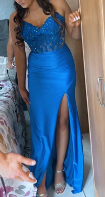 Fashion Prom Dress Blue Spaghetti Straps Slit Evening Dress Long Party Outfits Gala Gown     D5007