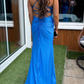 Fashion Prom Dress Blue Spaghetti Straps Slit Evening Dress Long Party Outfits Gala Gown     D5007