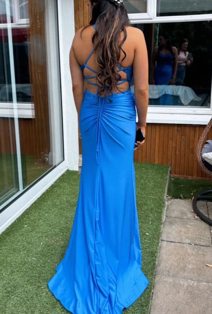 Fashion Prom Dress Blue Spaghetti Straps Slit Evening Dress Long Party Outfits Gala Gown     D5007