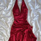 Vintage Wine Red Halter Satin Long Evening Party Dress Birthday Outfits, D406