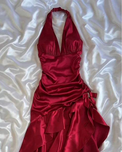 Vintage Wine Red Halter Satin Long Evening Party Dress Birthday Outfits, D406