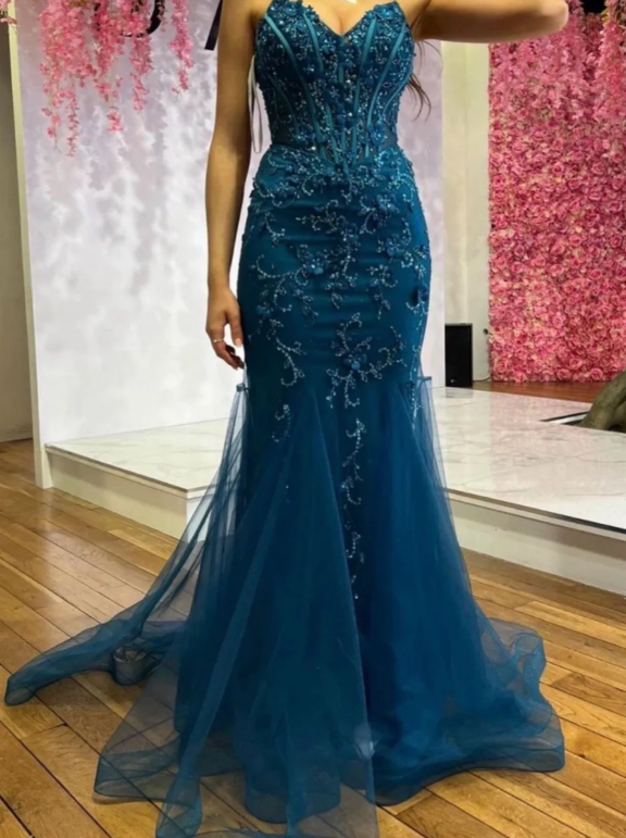 Pretty Prom Dress Spaghetti Straps Pleated Tulle Long Gala Gown Evening Dress Party Outfits      D5015