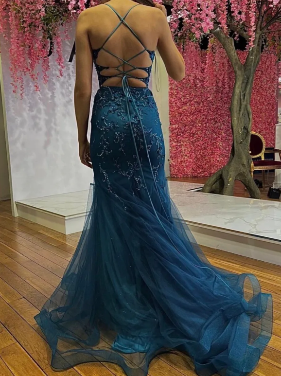 Pretty Prom Dress Spaghetti Straps Pleated Tulle Long Gala Gown Evening Dress Party Outfits      D5015