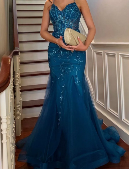 Pretty Prom Dress Spaghetti Straps Pleated Tulle Long Gala Gown Evening Dress Party Outfits      D5015