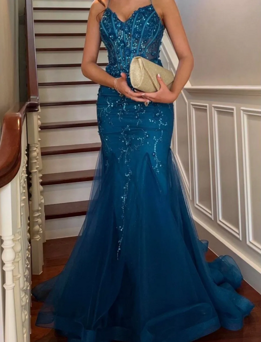 Pretty Prom Dress Spaghetti Straps Pleated Tulle Long Gala Gown Evening Dress Party Outfits      D5015