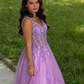 Morden Prom Dress A Line Purple Spaghetti Straps Pleated Tulle Long Gala Gown Evening Dress Party Outfits      D5016