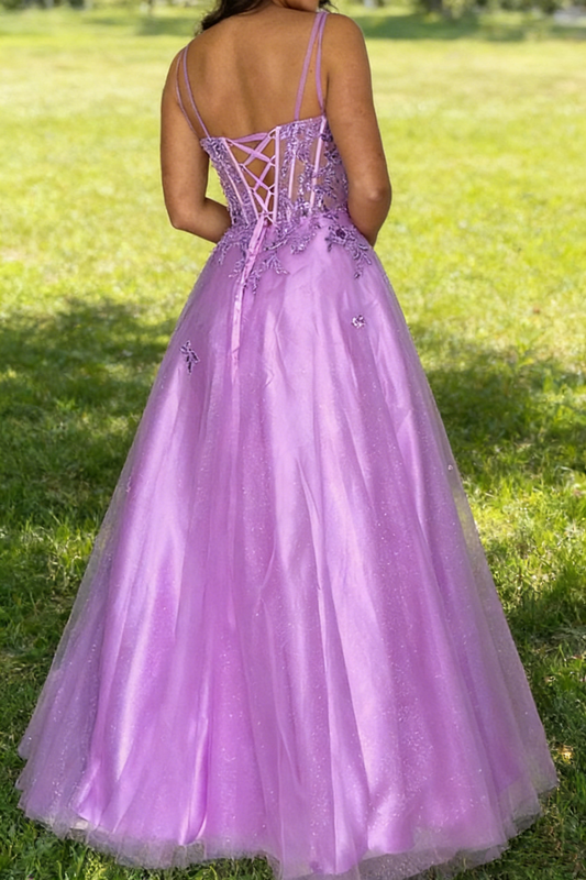 Morden Prom Dress A Line Purple Spaghetti Straps Pleated Tulle Long Gala Gown Evening Dress Party Outfits      D5016