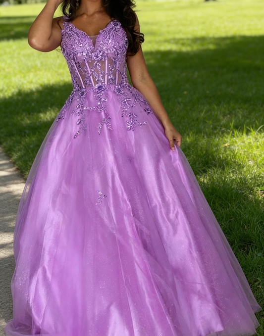 Morden Prom Dress A Line Purple Spaghetti Straps Pleated Tulle Long Gala Gown Evening Dress Party Outfits      D5016