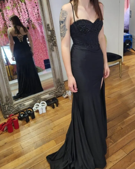 Sexy Prom Dress Black Spaghetti Straps Slit Long Gala Gown Evening Dress Party Outfits      D5018