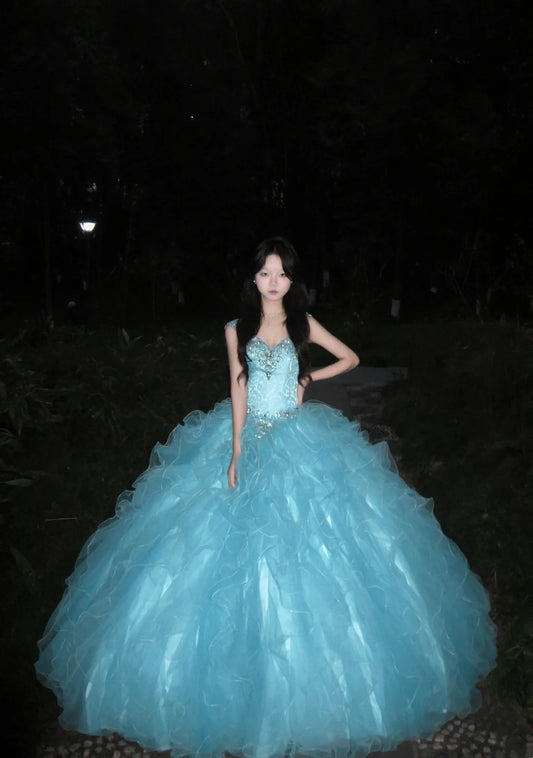 90s Retro Ball Gown Light Blue Sweetheart Ruffle Gala Gown Evening Dress Prom Dress      D5021