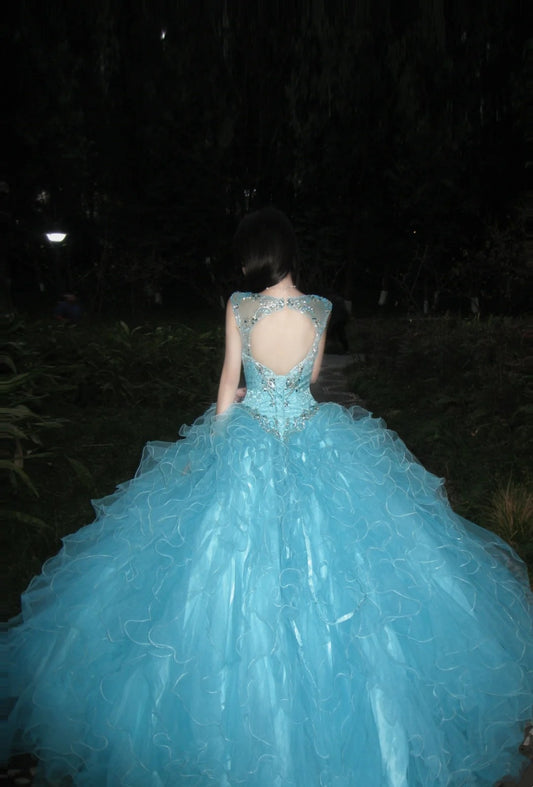 90s Retro Ball Gown Light Blue Sweetheart Ruffle Gala Gown Evening Dress Prom Dress      D5021