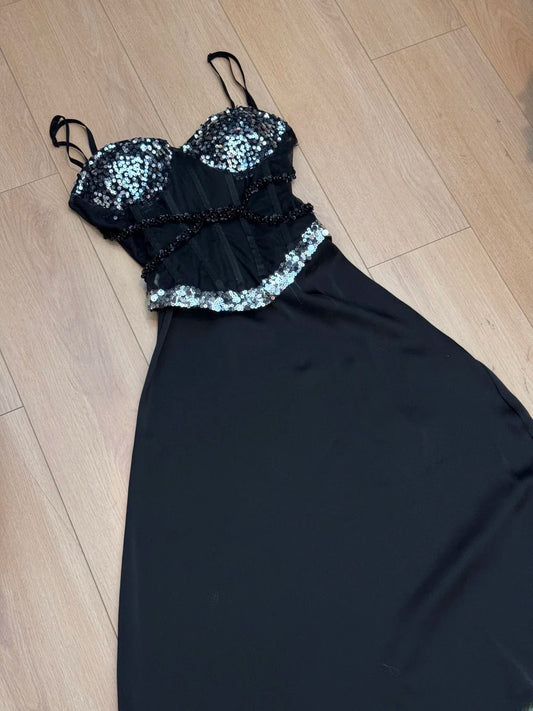 Sexy Prom Dress Black Spaghetti Straps Sheath Sequins Gala Gown Evening Dress Party Outfits      D5028