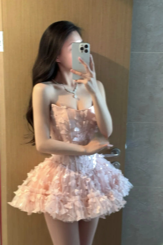 Sweet Homecoming Dress Strapless Butterfly Short Prom Dress Back to School Outfits Birthday Party Dress  D5029