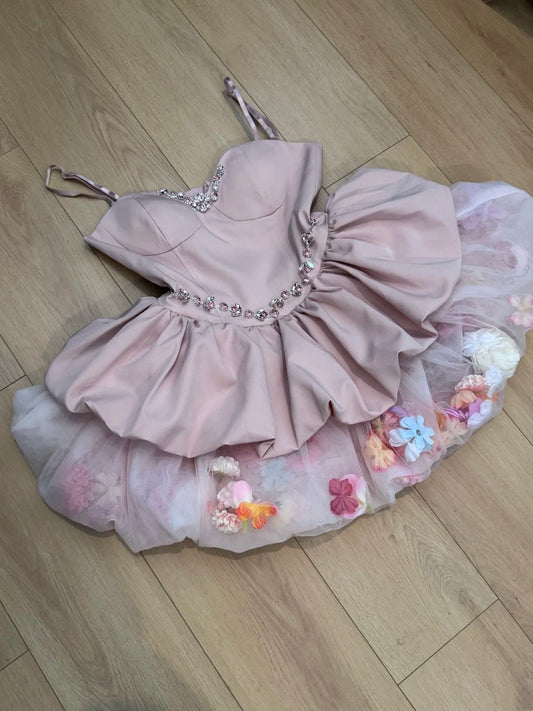 Sweet Homecoming Dress Spaghetti Straps Pleated Floral Short Prom Dress Back to School Outfits Birthday Party Dress  D5030