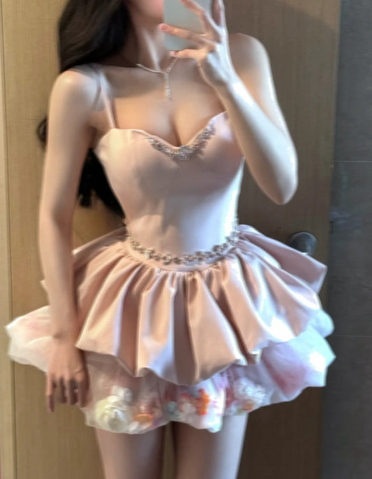 Sweet Homecoming Dress Spaghetti Straps Pleated Floral Short Prom Dress Back to School Outfits Birthday Party Dress  D5030