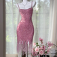 Vintage Pink Sparkling Sequin Spaghetti Strap Tassels Hem Romantic Evening Dress Prom Dresses D1606