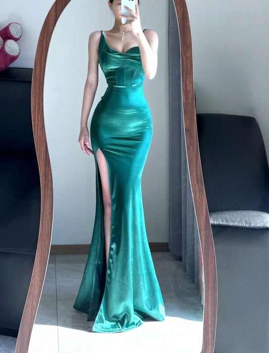 Elegant Prom Dress Spaghetti Straps Sheath Slit Mermaid Gala Gown Evening Dress Party Outfits      D5031