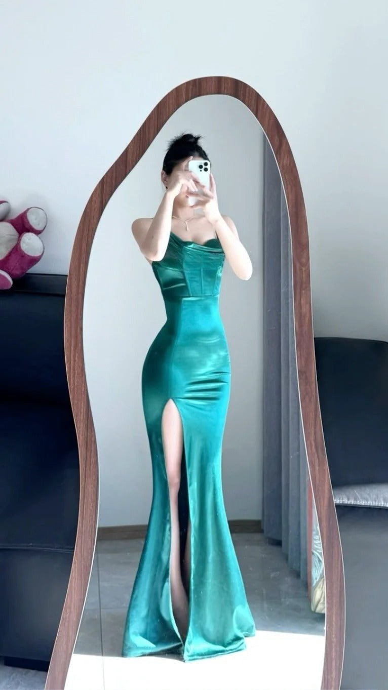 Elegant Prom Dress Spaghetti Straps Sheath Slit Mermaid Gala Gown Evening Dress Party Outfits      D5031