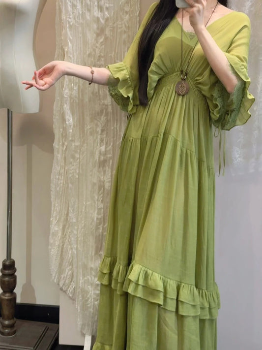 Beauty Prom Dress Green V-neck Pleated Gala Gown Evening Dress Party Outfits      D5032