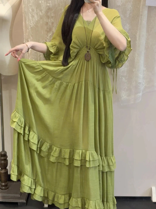 Beauty Prom Dress Green V-neck Pleated Gala Gown Evening Dress Party Outfits      D5032