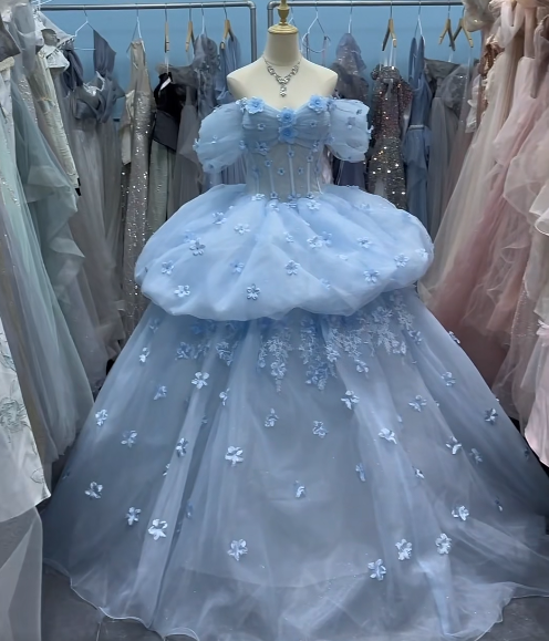 Robe de bal sublime bleu clair, col en V, tulle plissé, robe de soirée, robe de quinceañera, robe de bal D4654