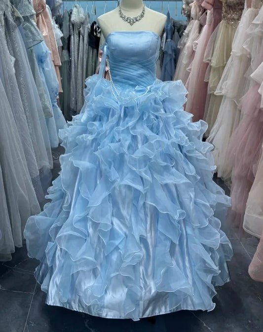 Robe de bal sublime bleu clair, col en V, tulle plissé, robe de soirée, robe de quinceañera, robe de bal D4654
