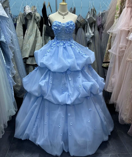 Robe de bal sublime bleu clair, col en V, tulle plissé, robe de soirée, robe de quinceañera, robe de bal D4654