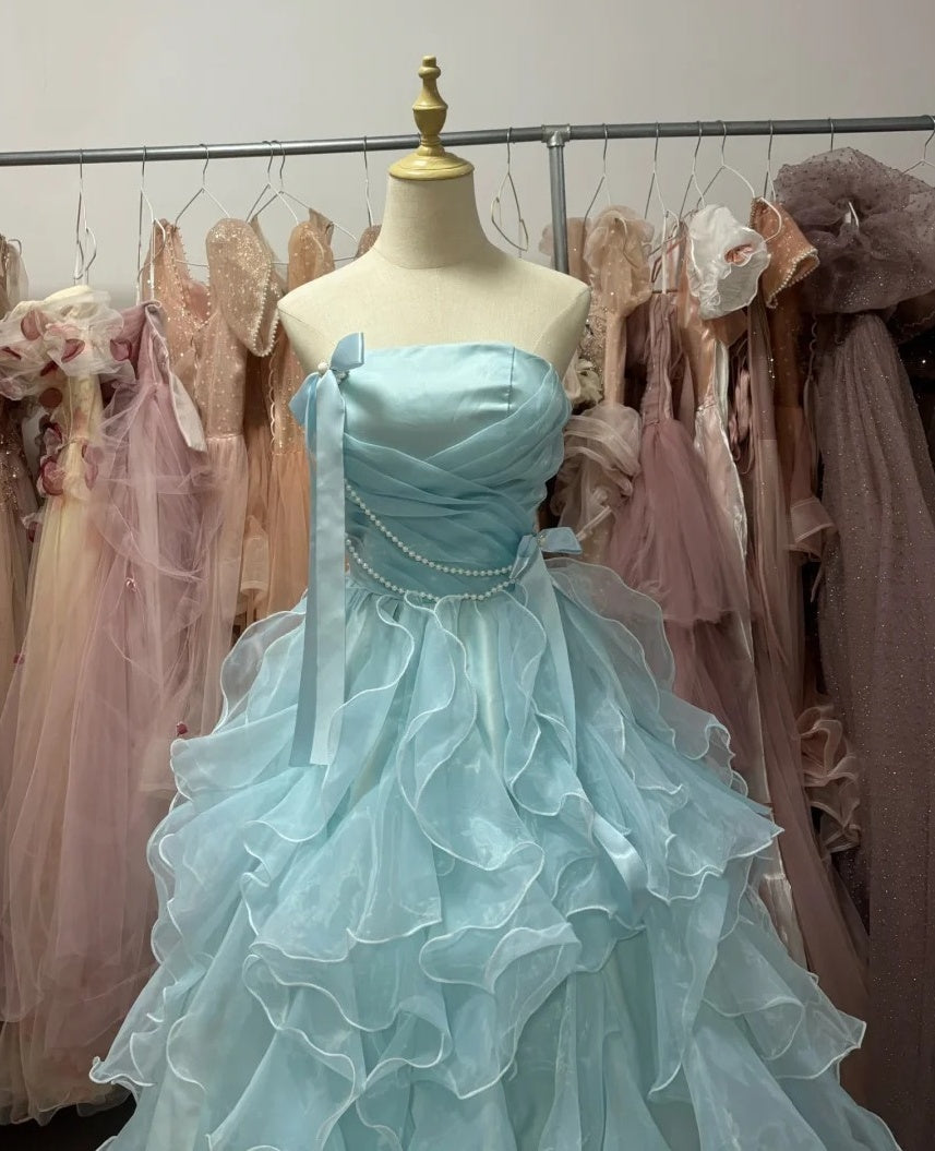 Robe de bal sublime bleu clair, col en V, tulle plissé, robe de soirée, robe de quinceañera, robe de bal D4654
