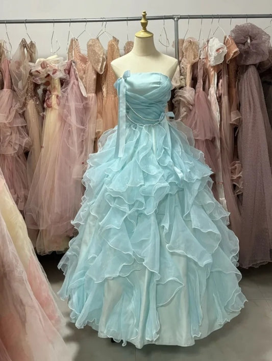 Robe de bal sublime bleu clair, col en V, tulle plissé, robe de soirée, robe de quinceañera, robe de bal D4654