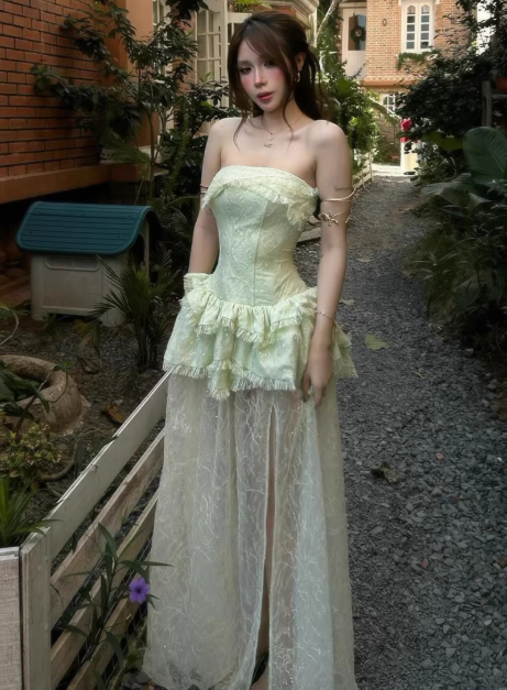 Beauty Prom Dress Light Green Strapless Slit Gala Gown Evening Dress Party Outfits      D5052