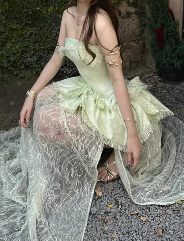 Beauty Prom Dress Light Green Strapless Slit Gala Gown Evening Dress Party Outfits      D5052