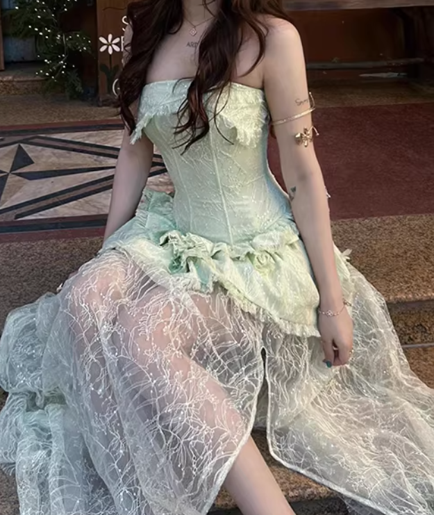 Beauty Prom Dress Light Green Strapless Slit Gala Gown Evening Dress Party Outfits      D5052