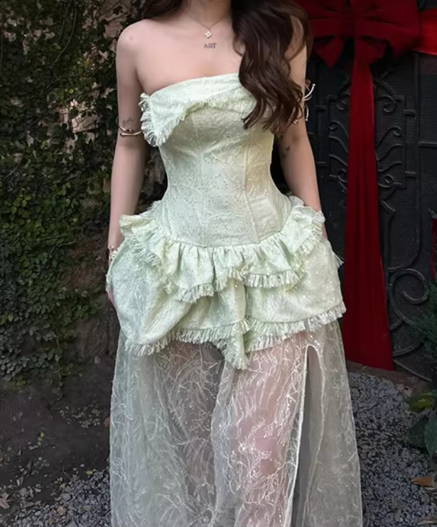 Beauty Prom Dress Light Green Strapless Slit Gala Gown Evening Dress Party Outfits      D5052